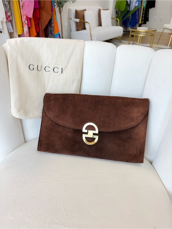 Gucci Handbags - Gucci Brown Suede Envelope Clutch with Gold Logo